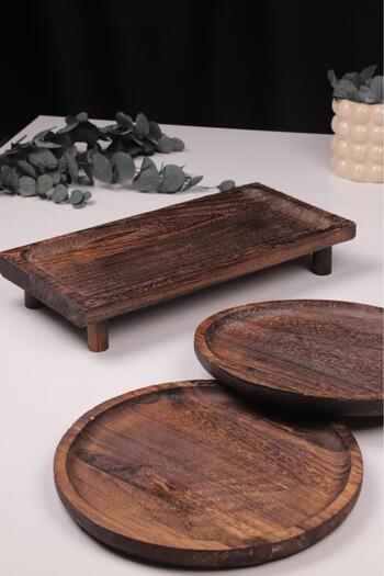 Atbyhome Bambum 3 Piece Pavlonya Heritage Wooden Presentation and Serving Set – Rectangular and Round Serving Plates