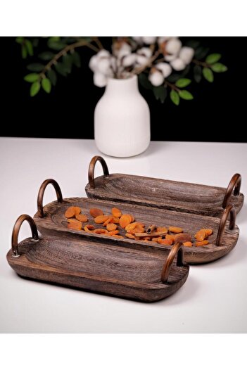Bambum 3 Piece Pavlonya Deepwood Wooden Presentation Set – Rectangular Serving Plates with Handles