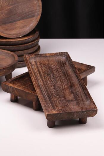 Bambum 9 Piece Pavlonya Shadow Wooden Presentation Set – Round and Rectangular Footed Serving Plates