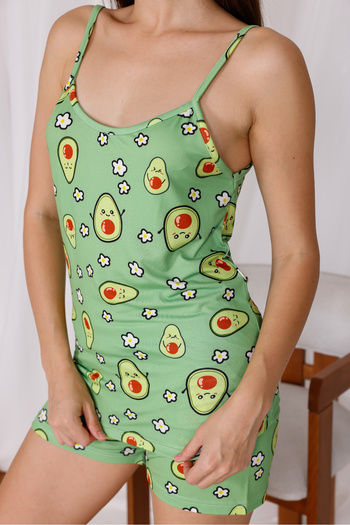 Arvin Pijama Avocado Printed Soft Textured Fabric Knitted Pajama Set with Rope Strap Shorts