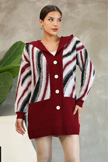 ALCHON V-Neck Hooded Buttoned Furry Long Sleeve Crumpled Pattern Color Gradient Winter Midi Length Knitwear Cardigan
