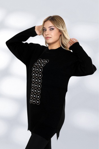 NEWCO Sparkling Stone Detailed Long Knitwear Tunic Modern and Comfortable Cut