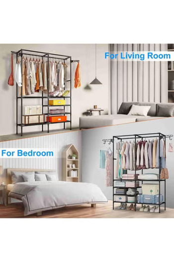 Taimi Metal Clothes Organizer Multi Functional Portable Wardrobe Two Sections And Poles Clothes-black