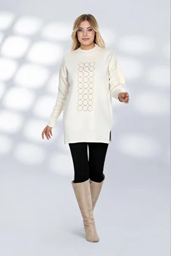 NEWCO Sparkling Stone Detailed Long Knitwear Tunic Modern and Comfortable Cut