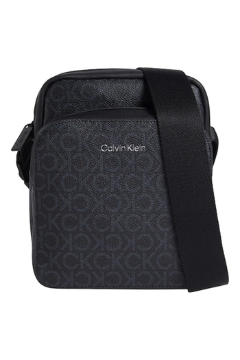 Calvin Klein , Crossbody Bag in -Leather with Monogram, Black, Dark Grey