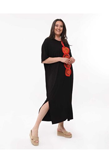 Esina Viskon Oversize Elbise Nakışlı