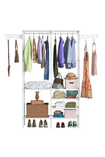 Taimi Metal Clothes Organizer Multi Functional Portable Wardrobe Two Sections And Poles Clothes-white
