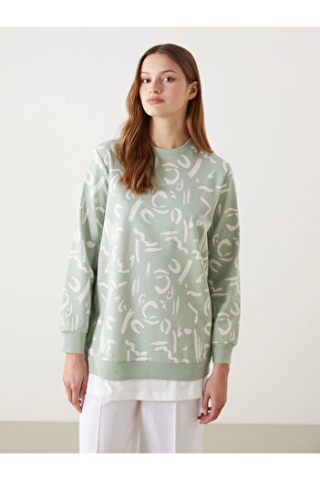 LC Waikiki Γυναικείο φούτερ LCW Modest Green Crew με μοτίβο