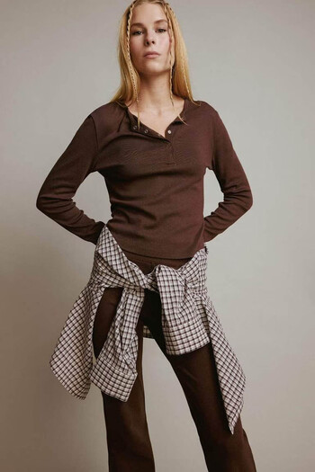 DeFacto Coool Fitted Basic Plain Rib Brown Women's Long Sleeve T-Shirt E7680Ax/Bn539