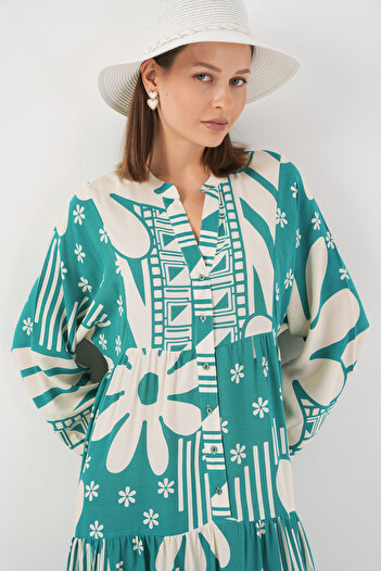 Merterium Women's Patterned Long Hijab Dress E.Mint 1155