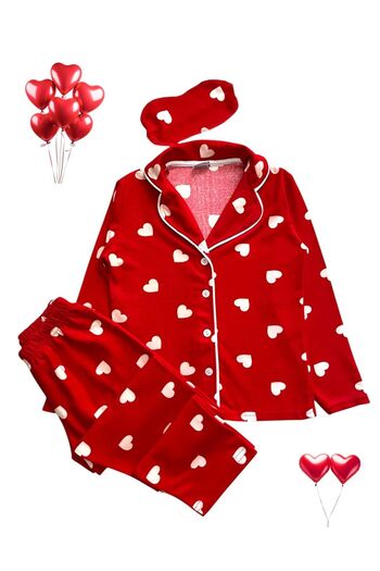 tusem butik homewear Girls' Cotton Suede Fabric Red Heart Patterned Sleep Band Long Sleeve Pajama Set