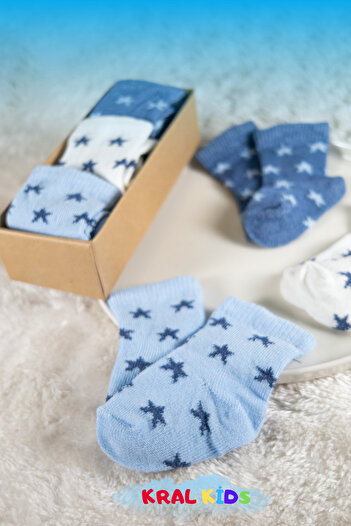KRAL SOCKS 6 Pairs of Baby Boy Socks Boxed Booties Size – Star Patterned, Cotton