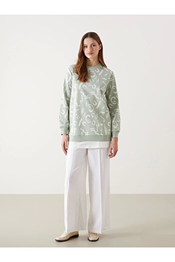 LC Waikiki Γυναικείο φούτερ LCW Modest Green Crew με μοτίβο