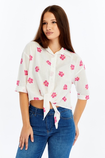 CHOS7N Women's Floral Patterned Tie-Up Short Sleeve Shirt – Summer Light Fabric White