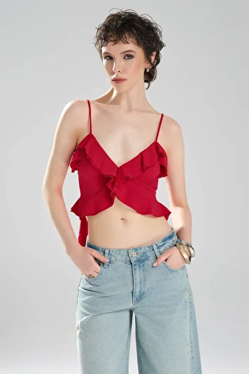 tw3 Women's Strap Ruffle Detailed Design Crop Blouse