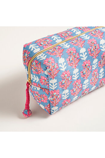Zsa Zsa Zsu Geantă de machiaj din bumbac imprimată manual cu broderie Delhi 21x14 cm Albastru