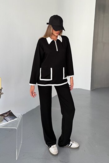 FEMELLE Black Modal Fabric Cotton Double Suit Women - Comfortable Stylish Bottom Top Suit - Zipper Collar Pocket