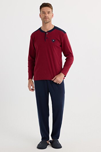 Tudors Men's Regular Fit Cotton Button Collar Elastic Waist Patterned Burgundy Pajama Set
