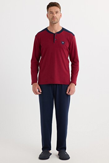 Tudors Erkek Regular Fit Pamuklu Düğmeli Yaka Beli Lastikli Desenli Bordo Pijama Takımı