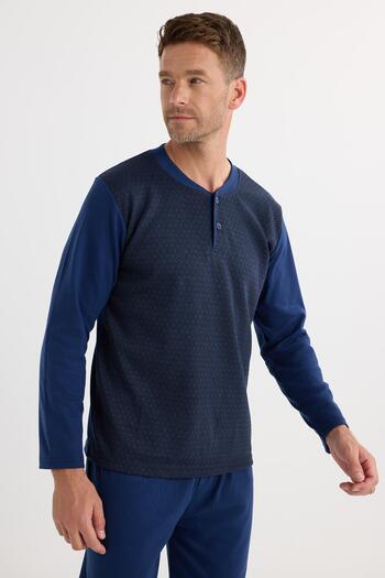 Tudors Men's Regular Fit Cotton Button Collar Elastic Waist Patterned Indigo Pajama Set