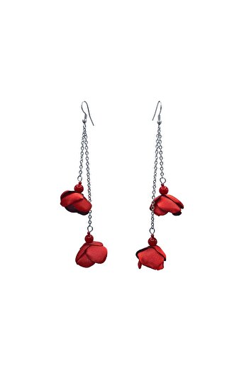 Corizmi Long earrings with flowers made of satin silk, pearls and stainless steel, handmade, Flower Love