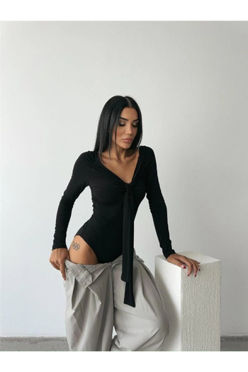 MODA Gl00My Special Design Black Bodysuit with Front Tie Detail