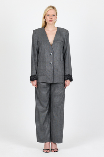 Eco Sense Women's Gray and White Striped Deep V-Neck Buttoned Stylish Jacket with Lace Detail and Padding