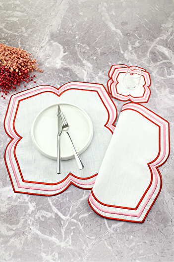 WEARE2 Red Pink Color Moonrise Embroidered 4 Piece Set (2+2) American Service and Cocktail Napkin
