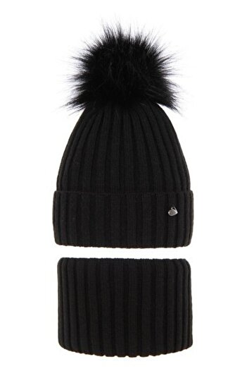 fantasialand Winter Set for Girls, Hat and Black Circular Scarf with Pompon, Wilma Model