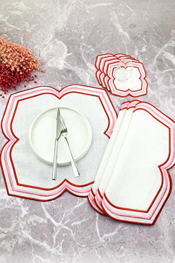 WEARE2 Red Pink Color Moonrise Embroidered 8 Piece Set (4+4) American Service and Cocktail Napkin