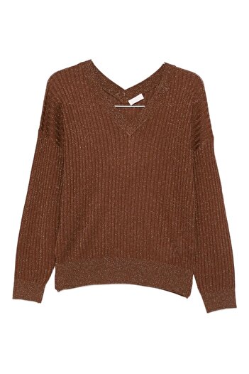 Liu Jo Women's Comfortable Fit V-Neck Long Sleeve Ribbed Brown Sweater Mf5390Ms46J-A4305