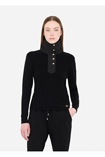 Liu Jo Women's Regular Fit Patterned High Neck Knitted Black Sweater Tf5039Ms75L-22222