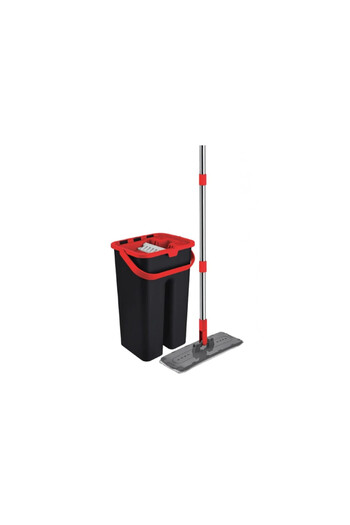 OEM Microfiber flat mop set and bucket with 2 buckets for washing/wringing, Black/Red