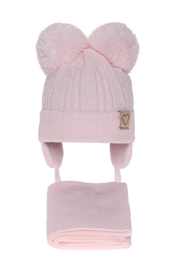 fantasialand Winter set for girls hat and scarf pink with 2 pom-poms, model Rozi