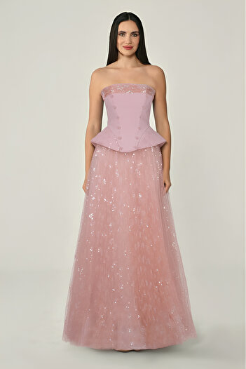 ALFABETA Strapless Skirt Sequined Tulle Long Evening Dress Alfa Beta