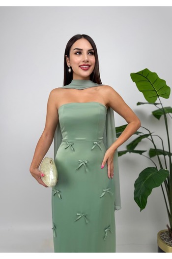 maf collection Women's Khaki Satin Strapless Ribbon Shawl Detail Evening Dress Homecoming Dress
