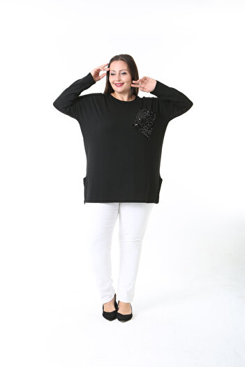 XL Modam Black Lycra Viscose Plus Size Tunic with Sequin Details