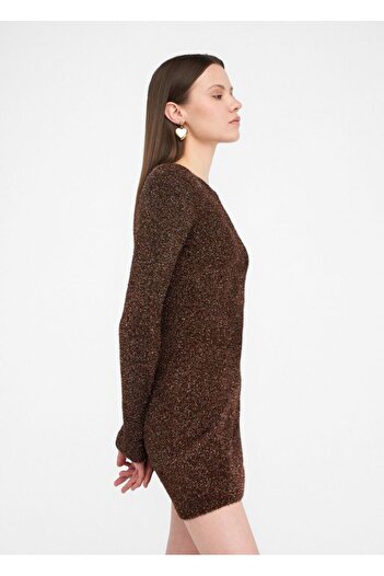 Liu Jo Women's Tight Fit Glitter Effect Padding Shoulder Back Low-Cut Mini Knitted Brown Dress Mf5236Ma10R-