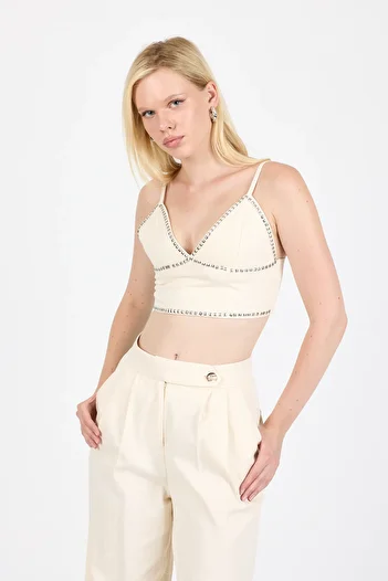 Eco Sense Cream Color Suspender Crop Top with V-Neck and Metallic Detail - Stylish Design Women Bustier