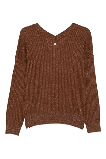 Liu Jo Women's Comfortable Fit V-Neck Long Sleeve Ribbed Brown Sweater Mf5390Ms46J-A4305