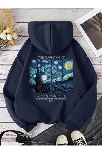 Revasser Unisex Erkek/Kadın VAN GOGH Renkli Özel Baskılı Pamuklu Oversize Kapüşonlu Sweatshirt