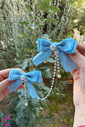 Cinderella 2'li İncili Sallantılı Bebek Mavi Fiyonk Pens Toka Seti - Şık Kız Çocuk Kurdeleli Klipsli Saç Tokası