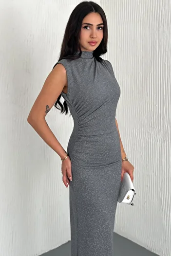 Dumy Draped Midi Length Glitter Detailed Dress