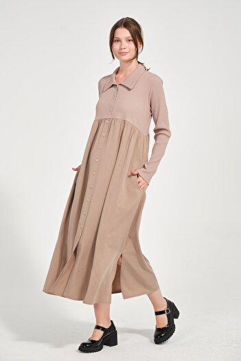 BUSA Maternity Shirt Collar Front Buttoned Long Sleeve Midi Length Dress Mink