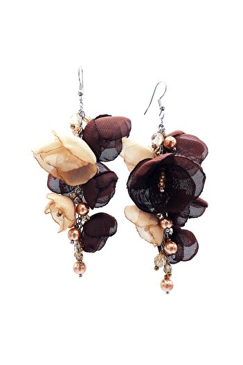 Corizmi Cercei lungi stil ciorchine cu flori din voal, perle si cristale, handmade, Latin Love