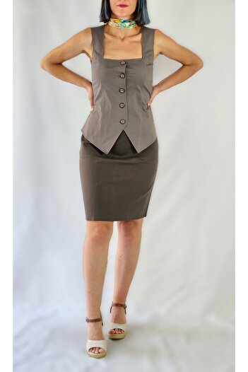 YAXİ Square Collar Unlined Khaki Woven Vest