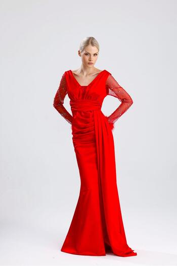 maf collection Women's Satin Red See-Through Tail Long Sleeve Evening Dress