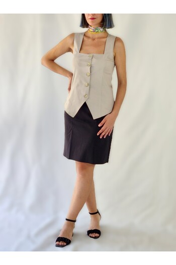 YAXİ Square Collar Unlined Beige Woven Vest