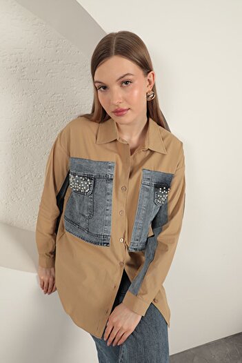 BEEMU Poplin Fabric Denim Garnished Women's Shirt-Tan