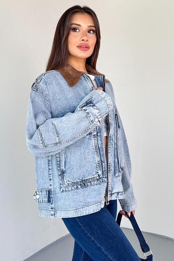 Cappmoda Ckt-2826 Light Blue Stonewashed Denim Velvet Collar Oversize Jacket